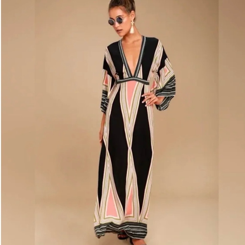 Lulu's Black Maxi Dress with Pink & Cream Geometric Panels